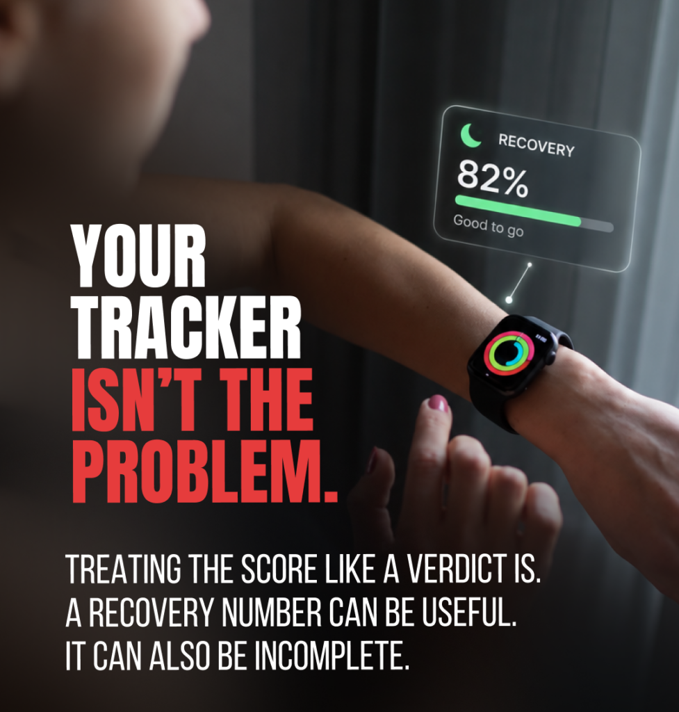 Fitness tracker showing a recovery score during strength training at Specialized Fitness & Nutrition in Fairview, NC.
